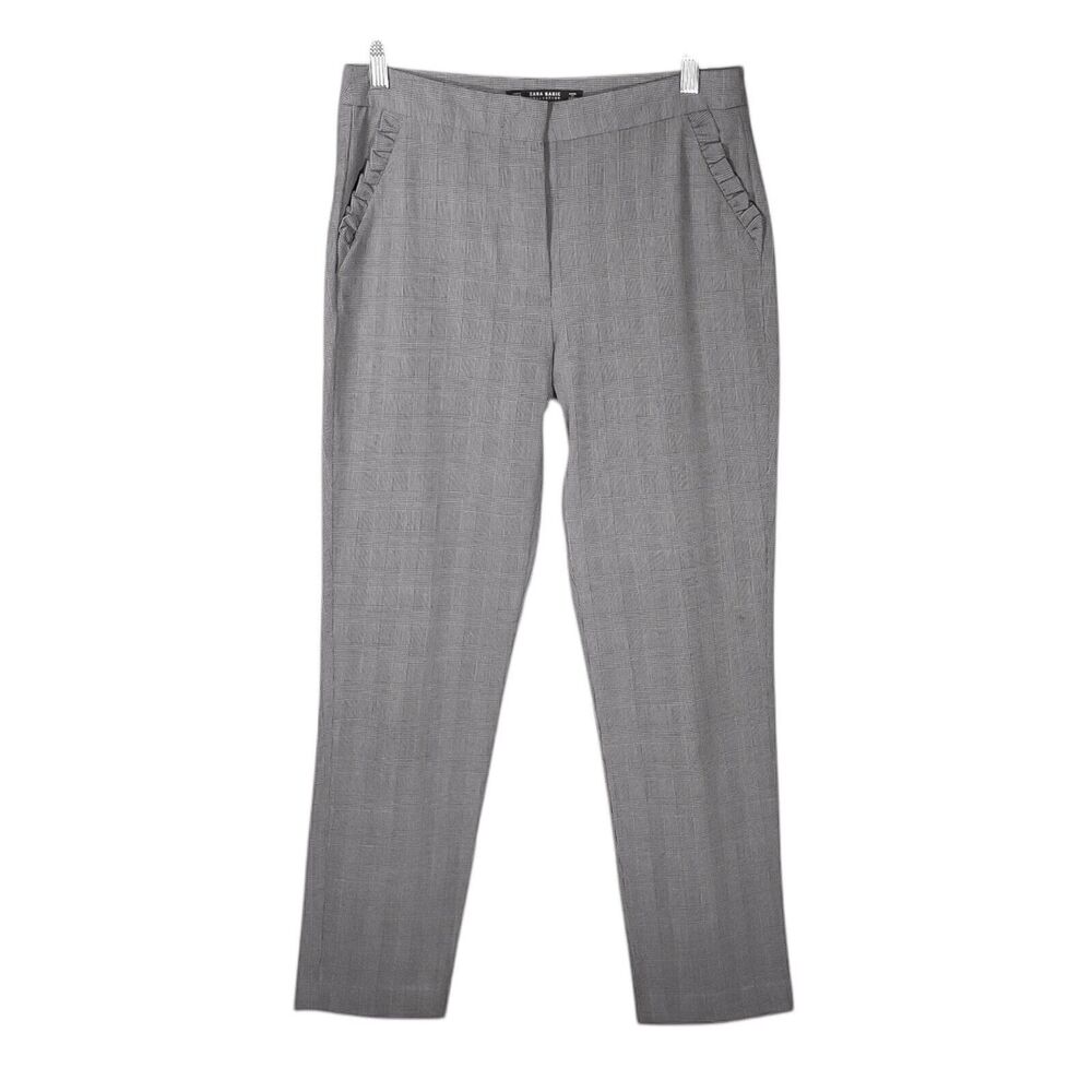 Zara Women's Pants Gray Plaid Check Ruffle Mid Rise Straight Leg Trousers Size M